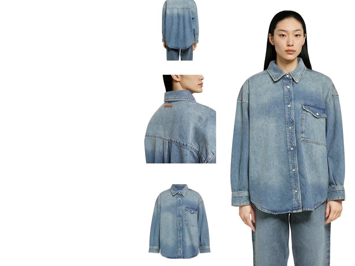 AI Shoot: model wearing a denim shirt generated from packshot images