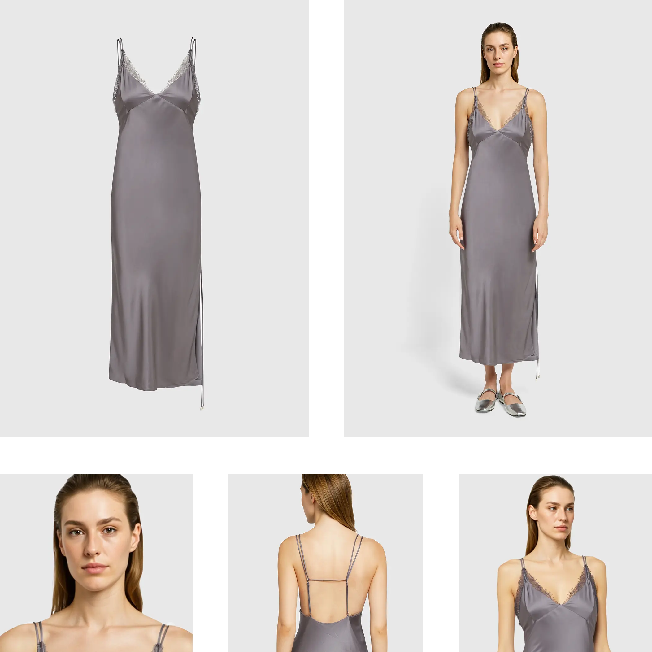 Satin slip dress as a packshot and on an AI model, with close-ups of the face, back and front